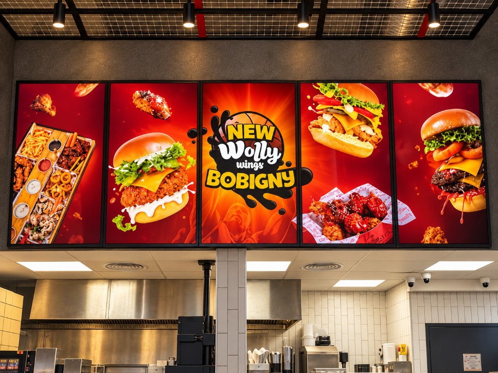 Cinq écrans d’affichage dynamique au-dessus d’un comptoir Wolly Wings Bobigny
