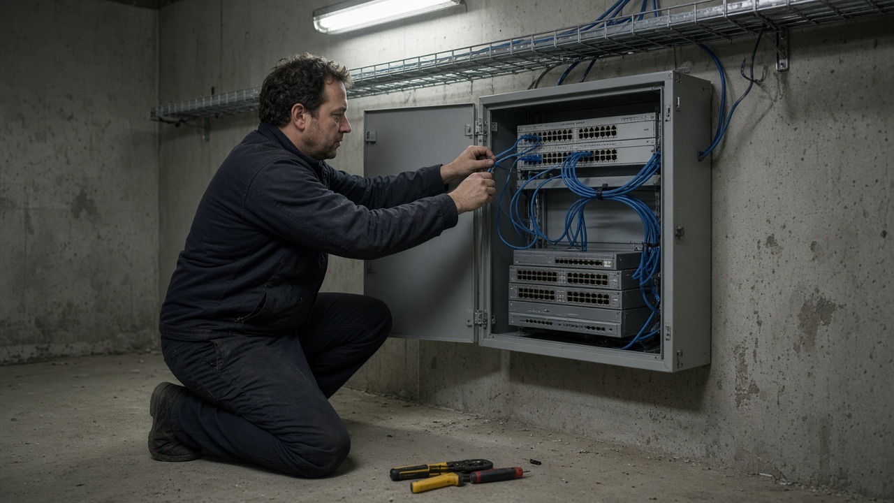 Technicien en train de brasser une armoire réseau