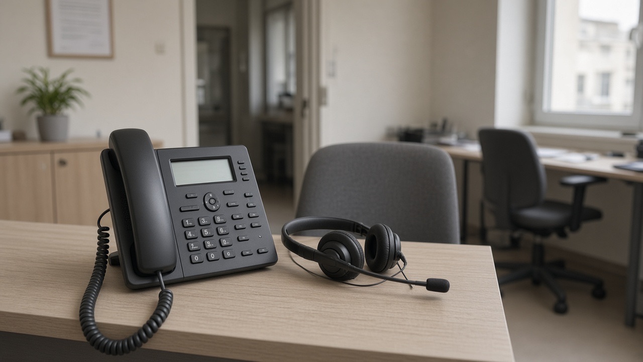 Téléphone IP et casque sur un bureau d’accueil